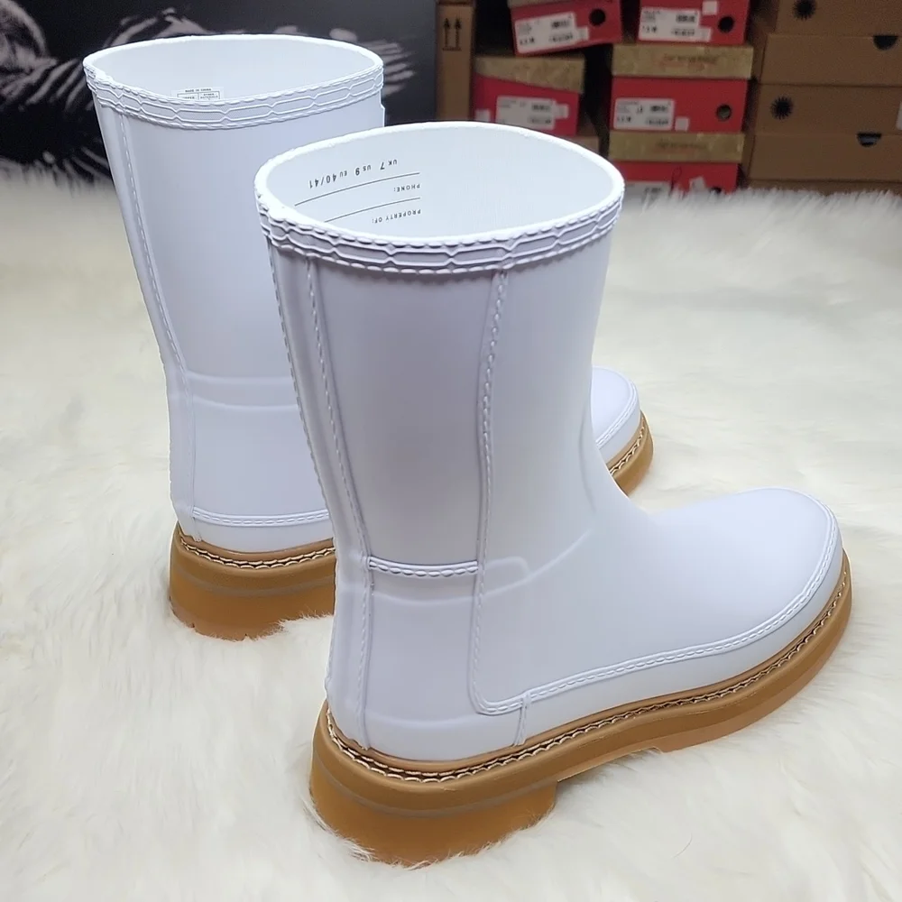 Hunter Refined Short Stitch Detail Wellington Boots Spurrey White Tan